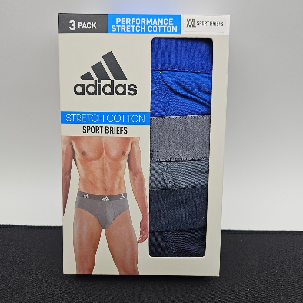 Adidas Mens 3 Pack Sport Briefs XXL Performance Stretch Cotton Blue Grey IR0836